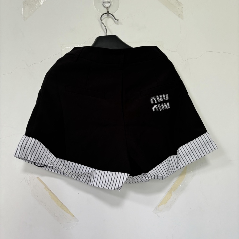 Miu Miu Black Shorts with White Striped Ruffle Hem